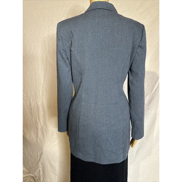 Vintage 80s LEW MAGRAM Blue Gray Double Breasted Blazer Jacket Coat Suit USA 4 - Picture 2 of 9